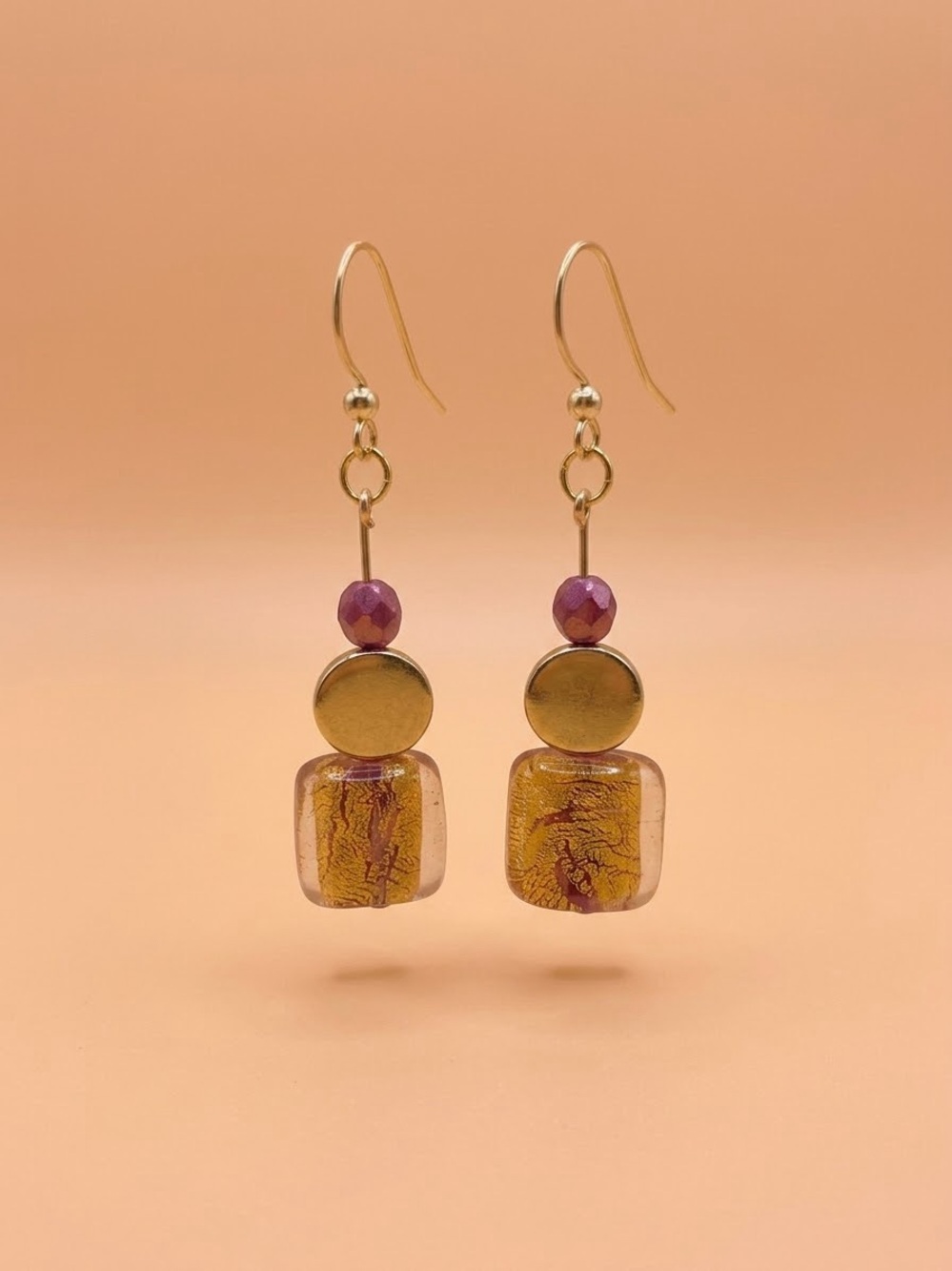 Handmade Gold and Purple Glass Drop Earrings - Women's Jewelry